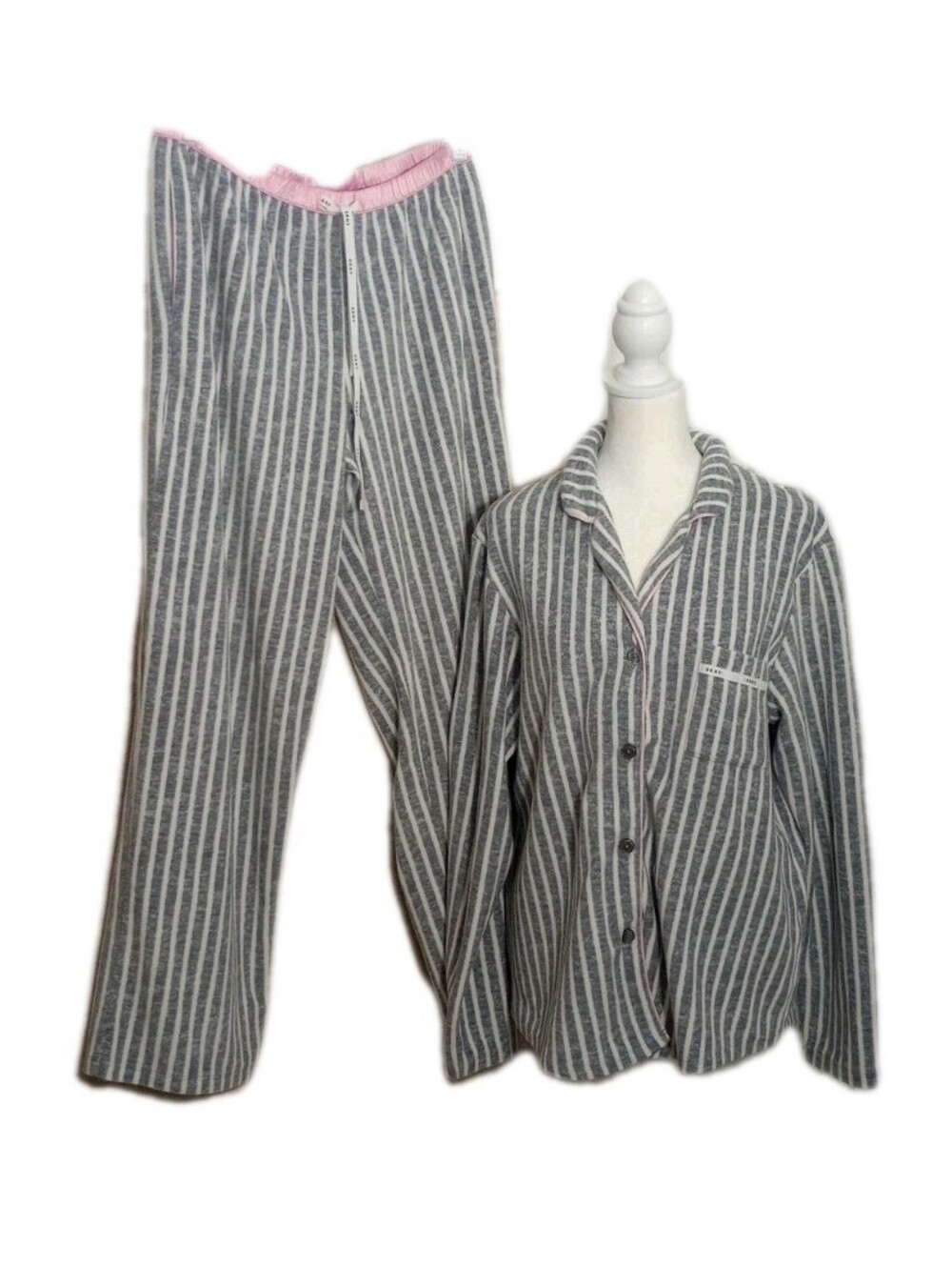 DKNY Two Piece GRAY WHITE striped  PINK Trim micro fleece Woman  Pajamas  Medium